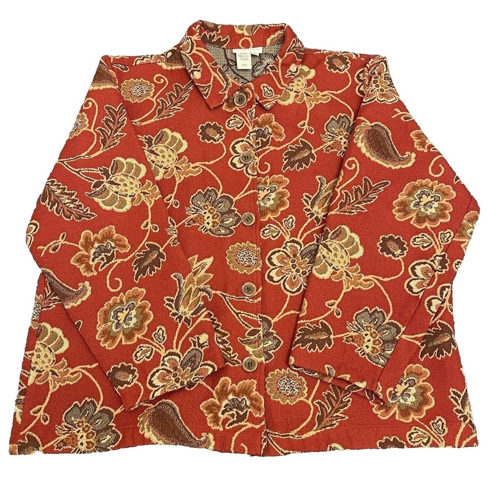 Coldwater Creek Size Lg Button Front Red‎ Floral Paisley Tapestry Jacket Unlined
